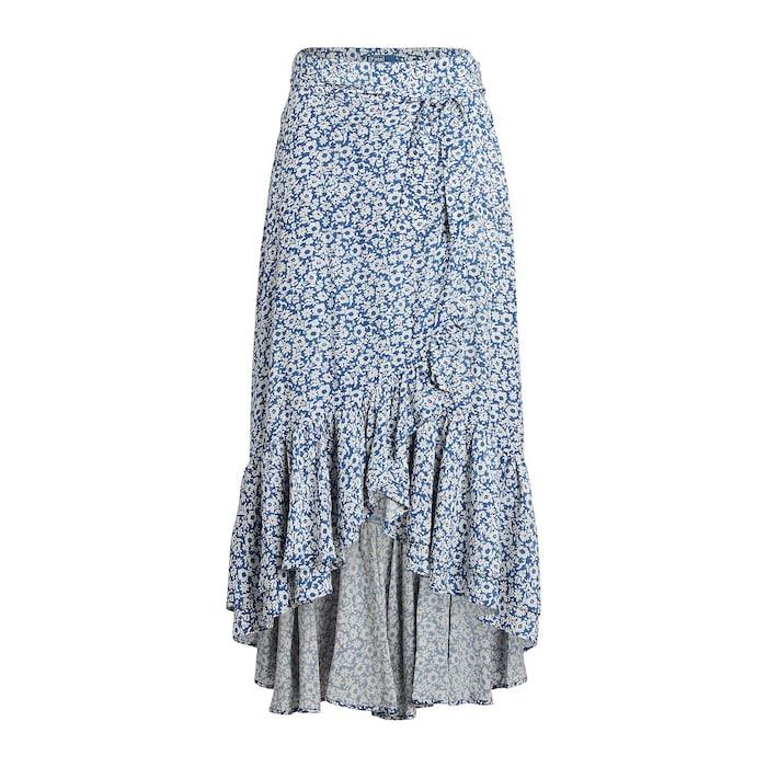 women blue floral ruffled crepe skirt