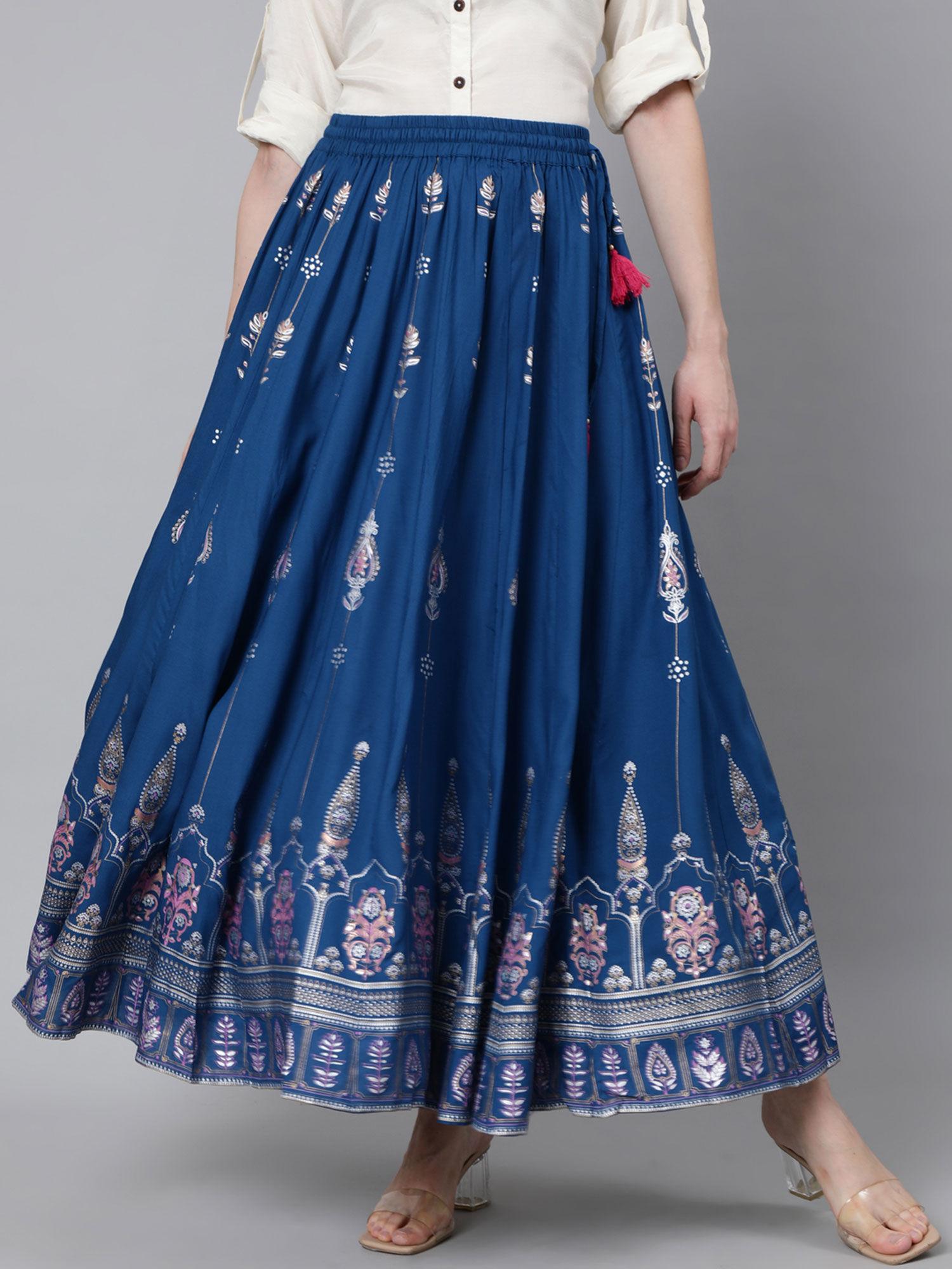 women blue maxi flared skirt with pink and golden khadi print
