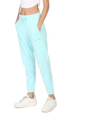 women blue mid rise solid joggers