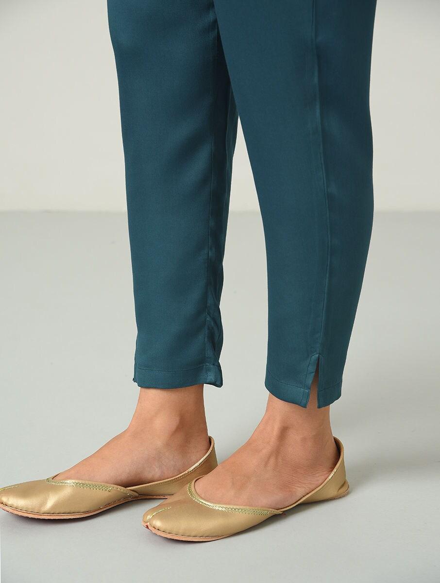 women blue modal solid ankle length regular fit pants