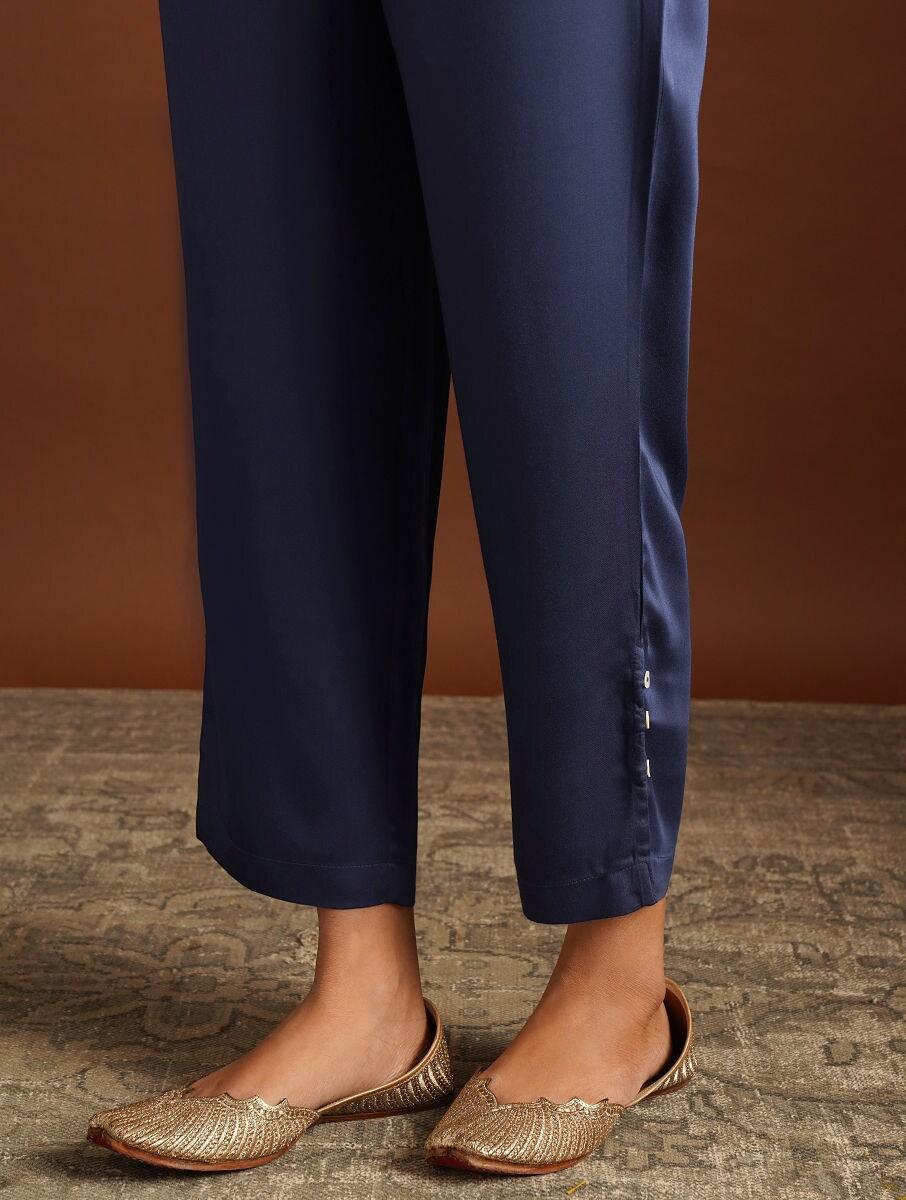 women blue modal solid ankle length slim fit pants
