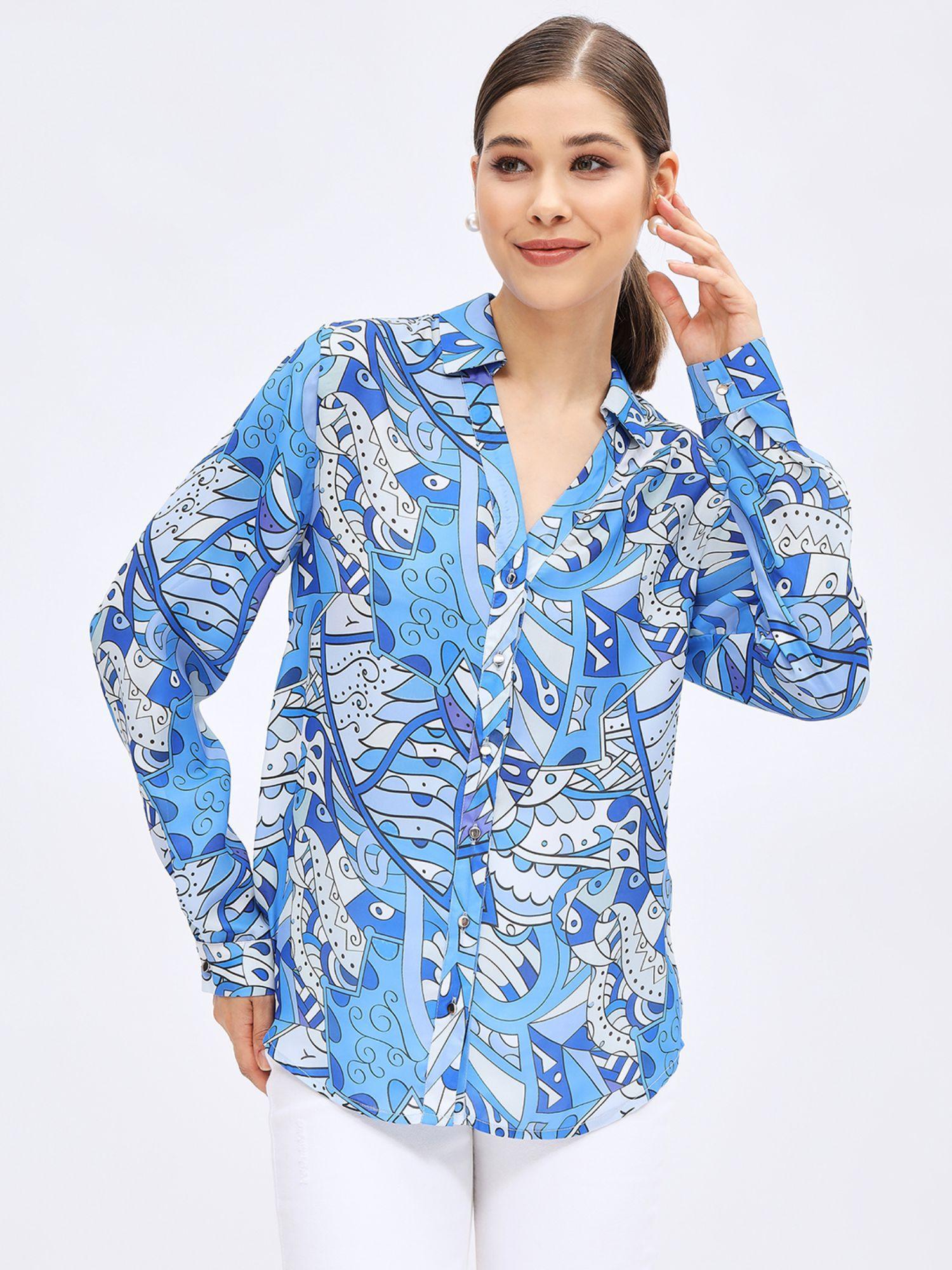 women blue printed collar neck full sleeves shirt