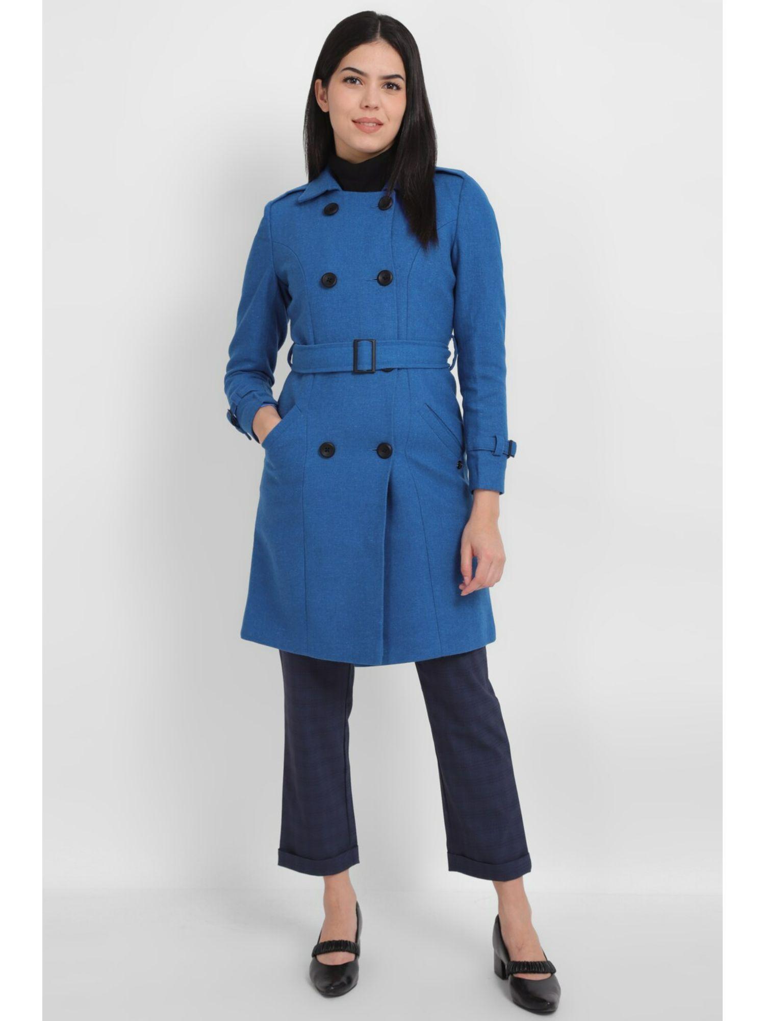 women blue solid casual coat (set of 2)