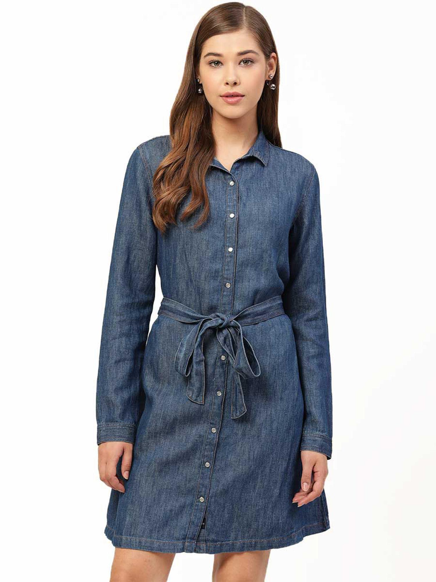 women blue solid denim shirt dress