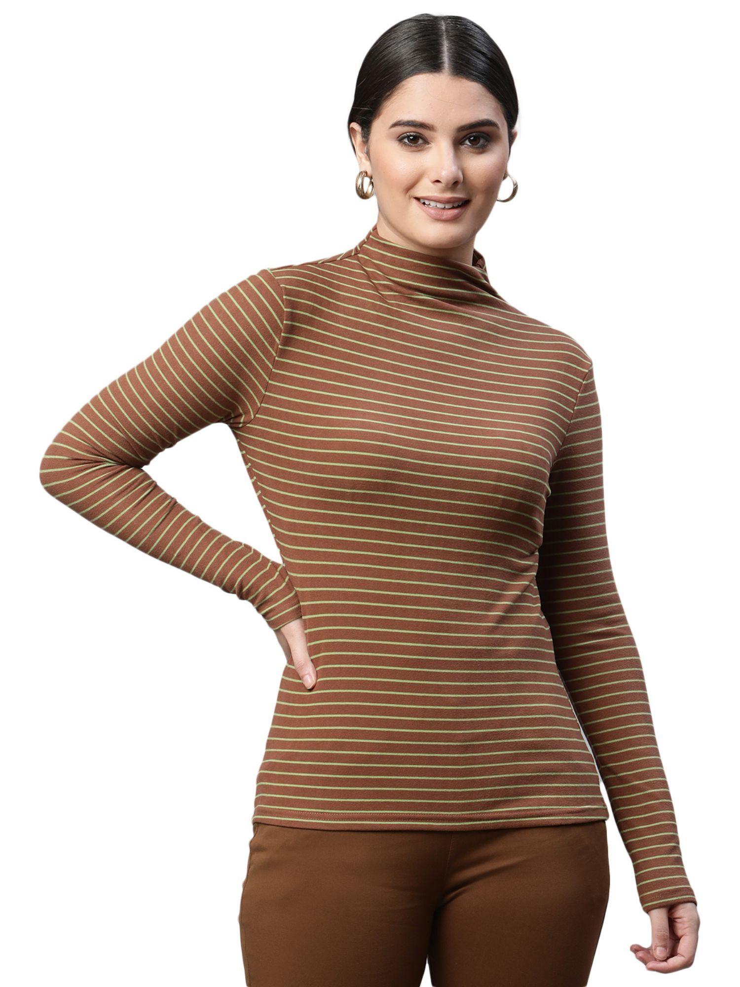 women brown & green jacquard slim fit polyester top