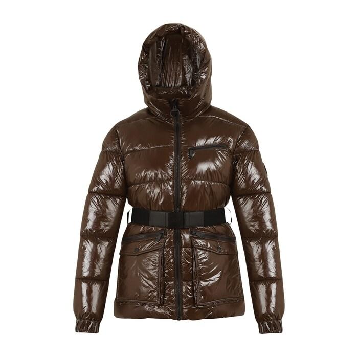 women brown hooded puffer jacket with belt