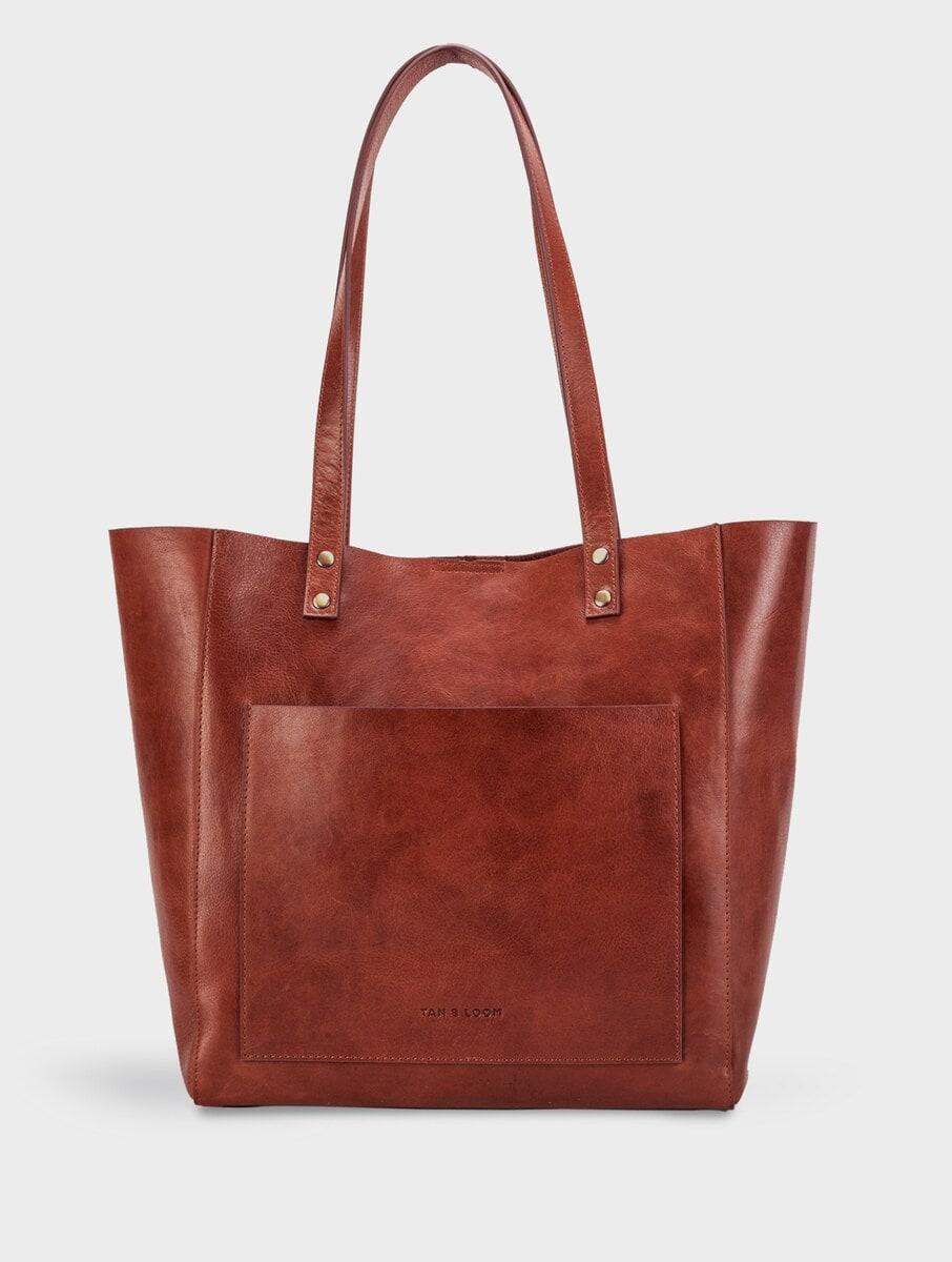 women brown leather tote bag