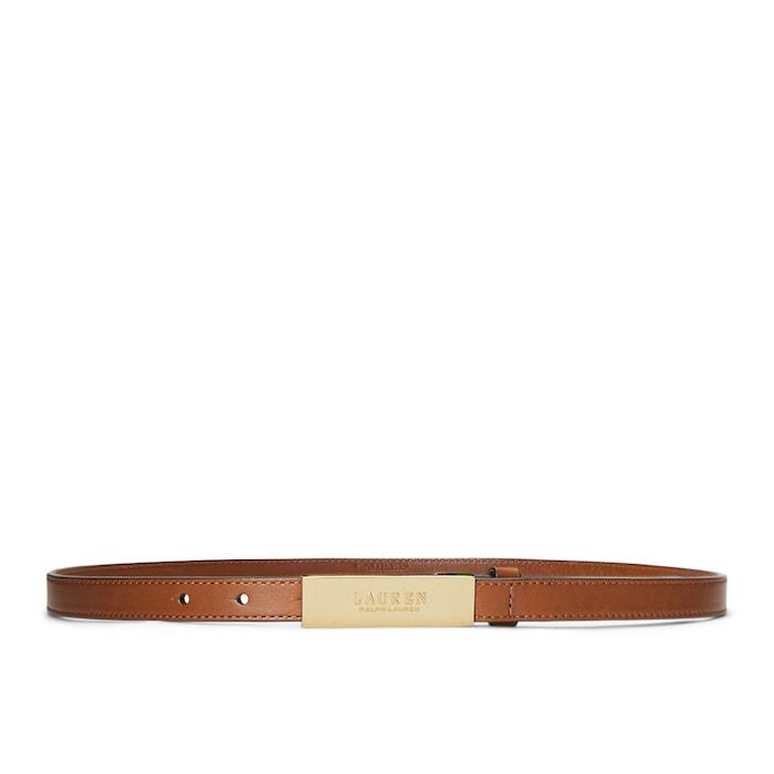 women brown logo leather skinny belt