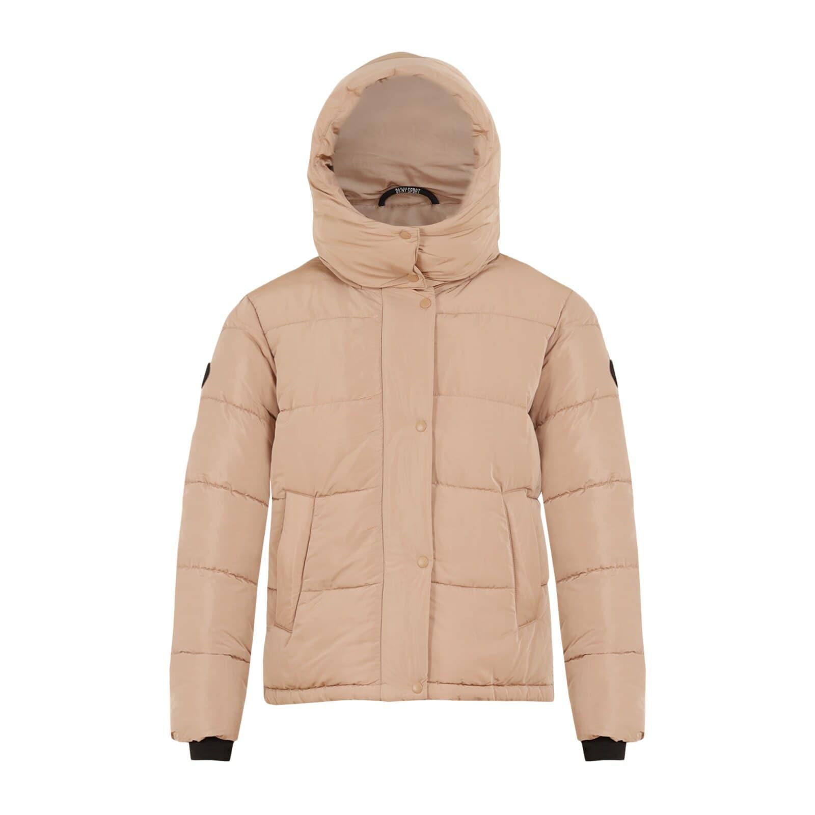 women brown puffer jacket with removable hood
