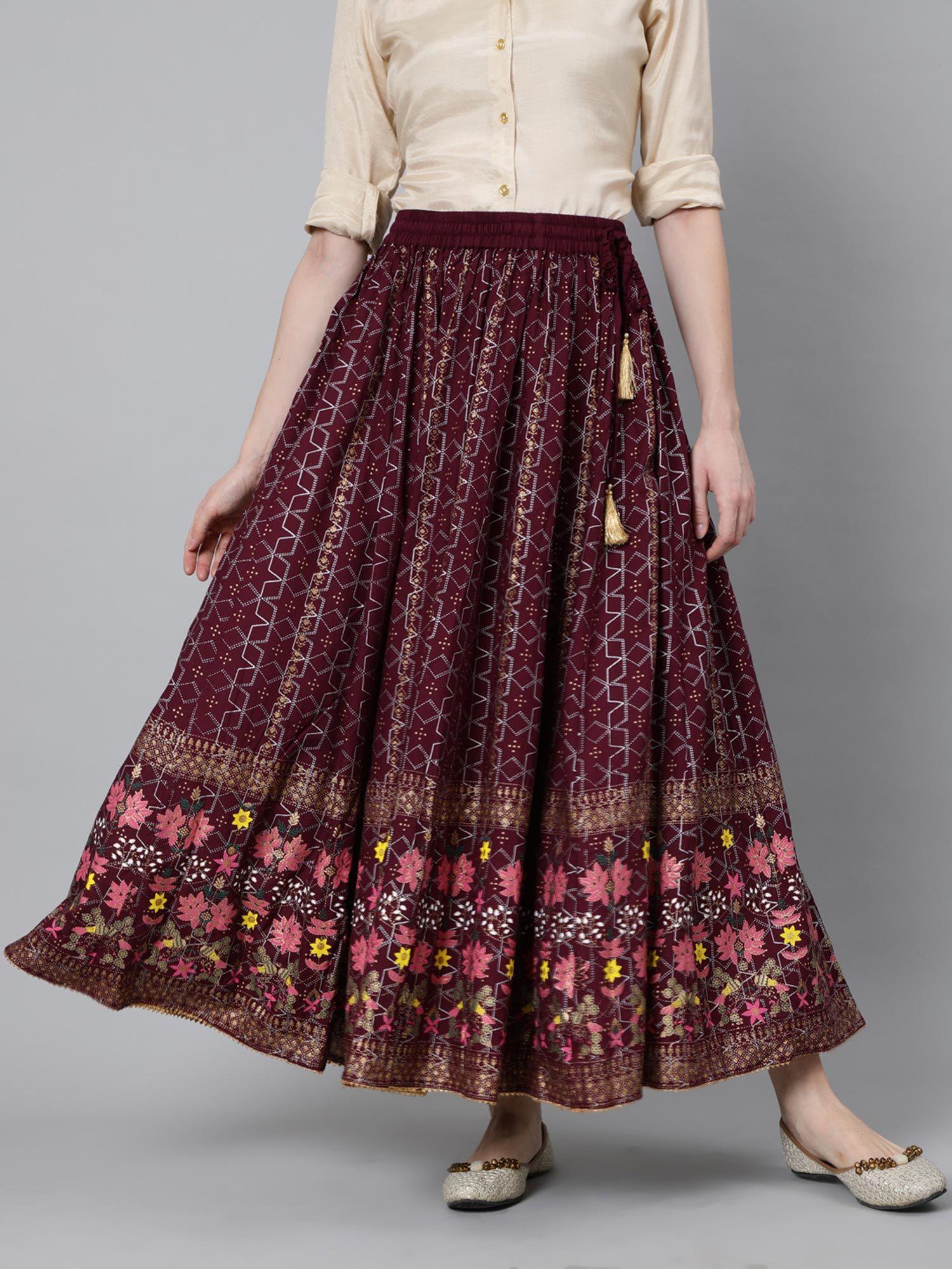 women burgundy maxi flared skirt with pink and golden khadi print