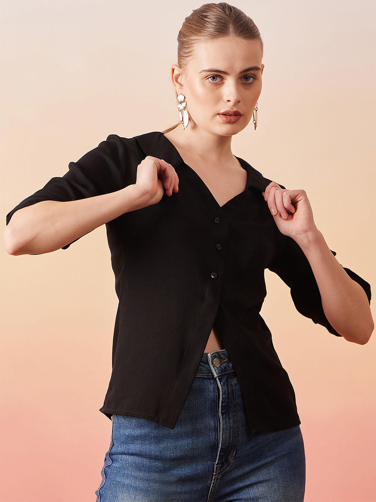 women casual black regular fit solid collar shirt