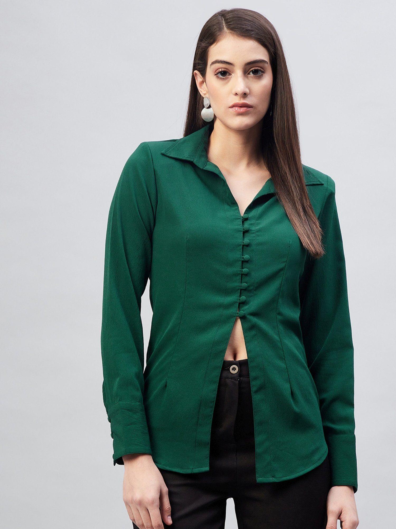 women casual green regular fit solid regular sleeves spread collar shirt