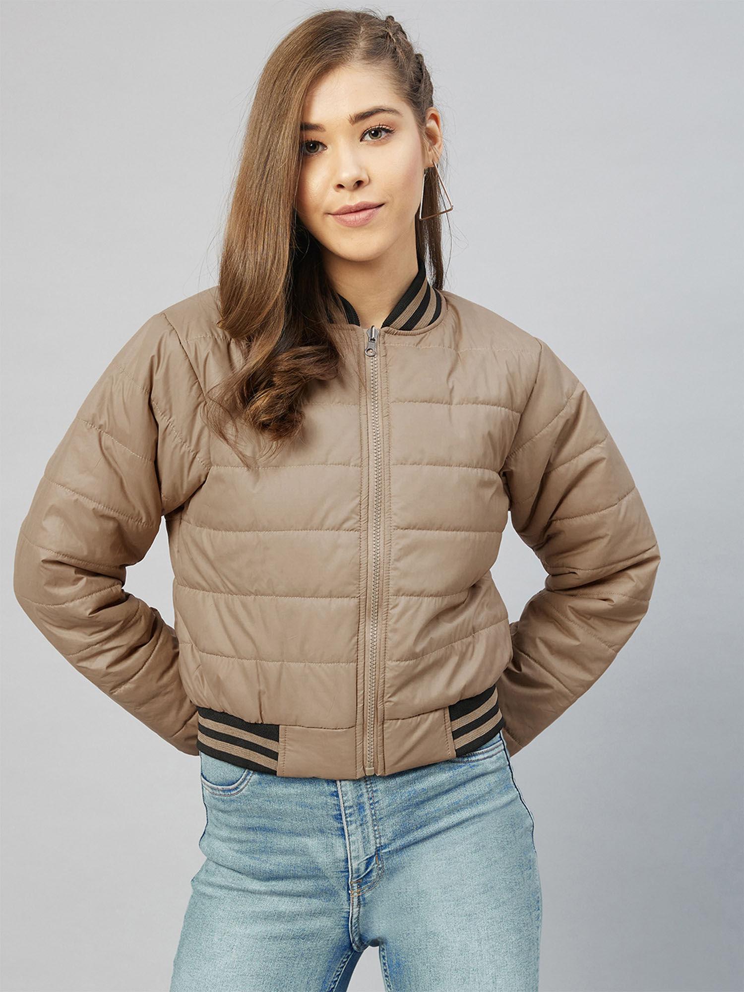 women casual khaki stand collar solid padded jacket