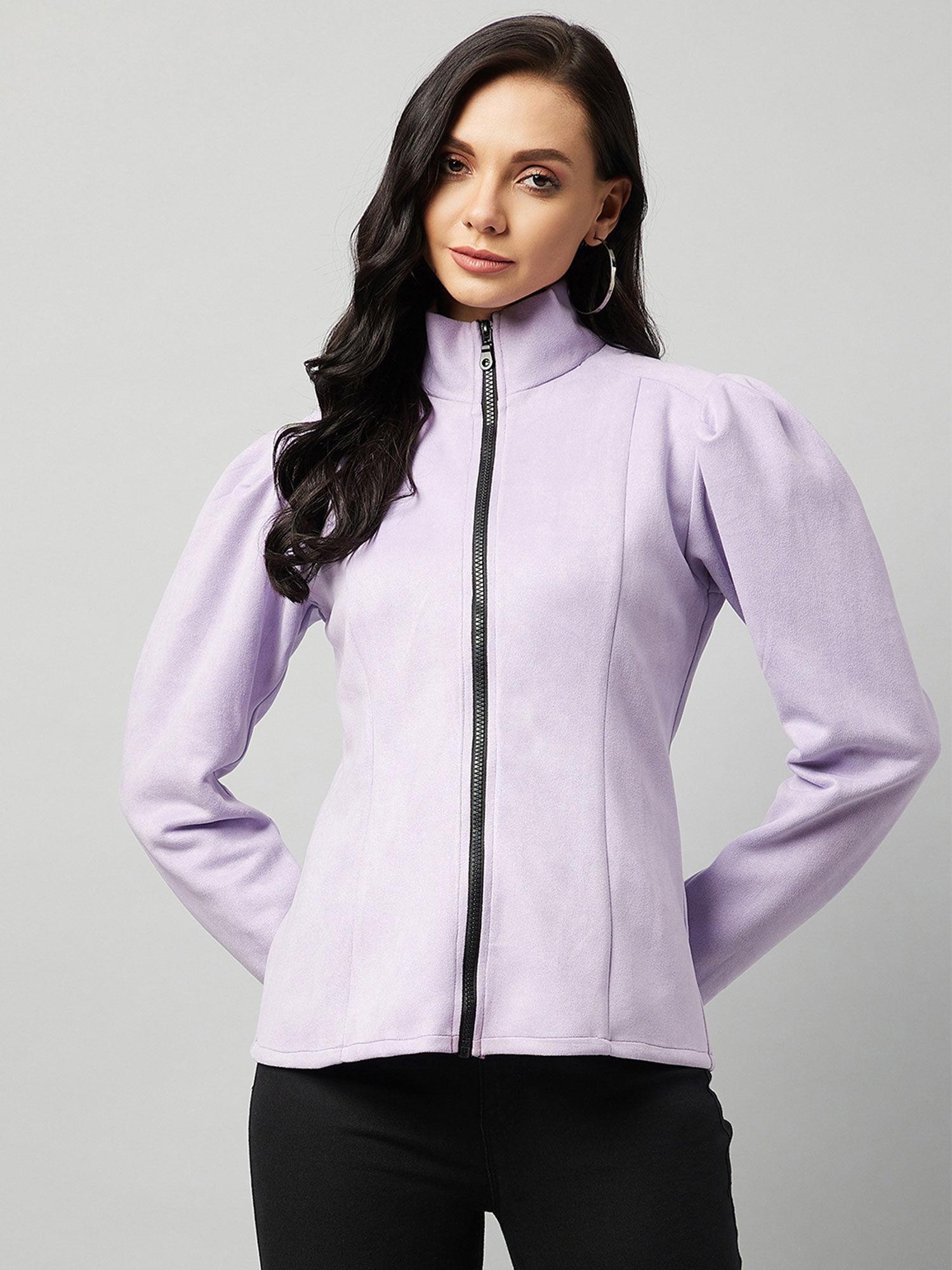 women casual lavender mock collar long sleeves regular jacket