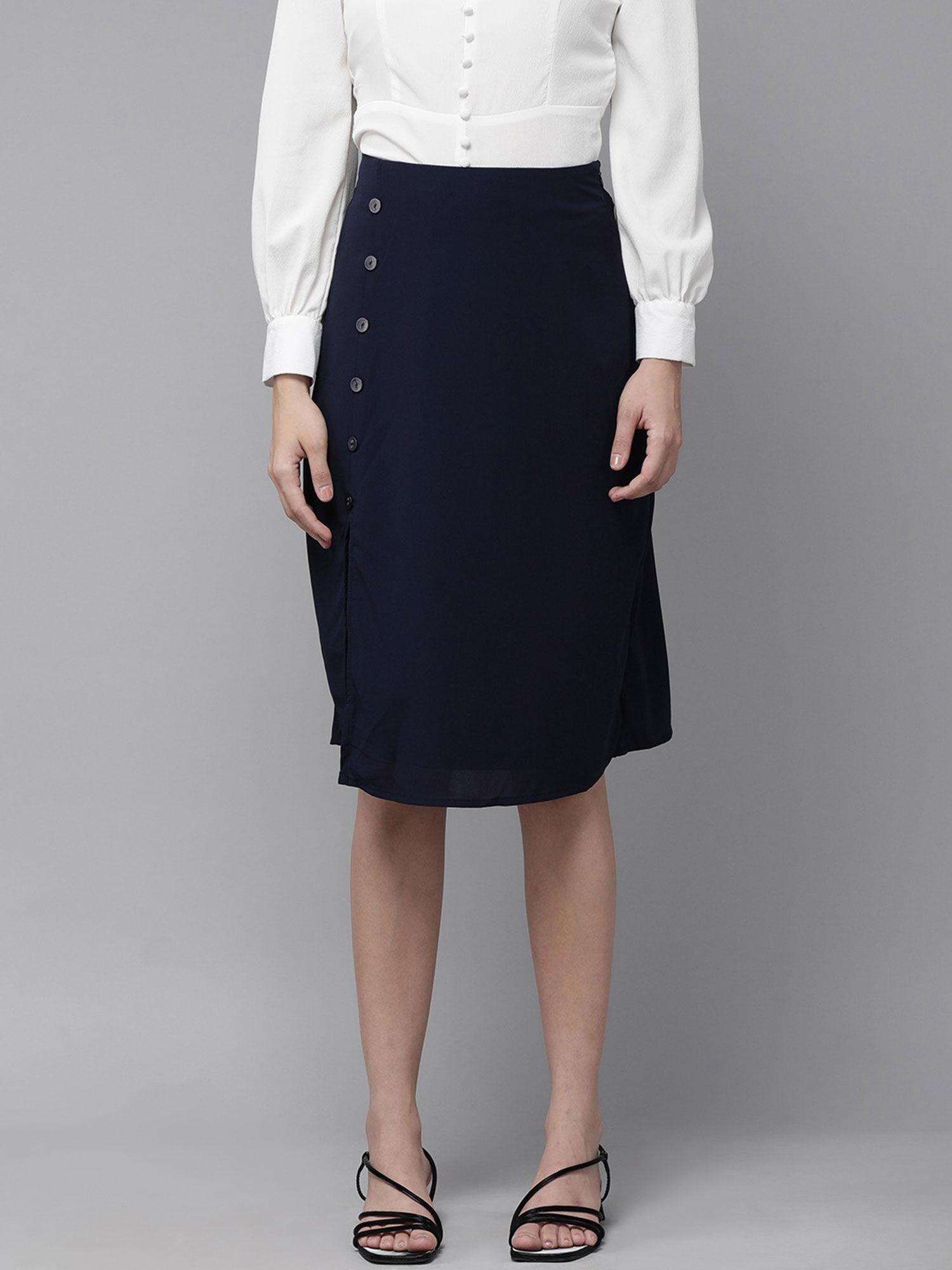women casual navy blue solid midi skirt