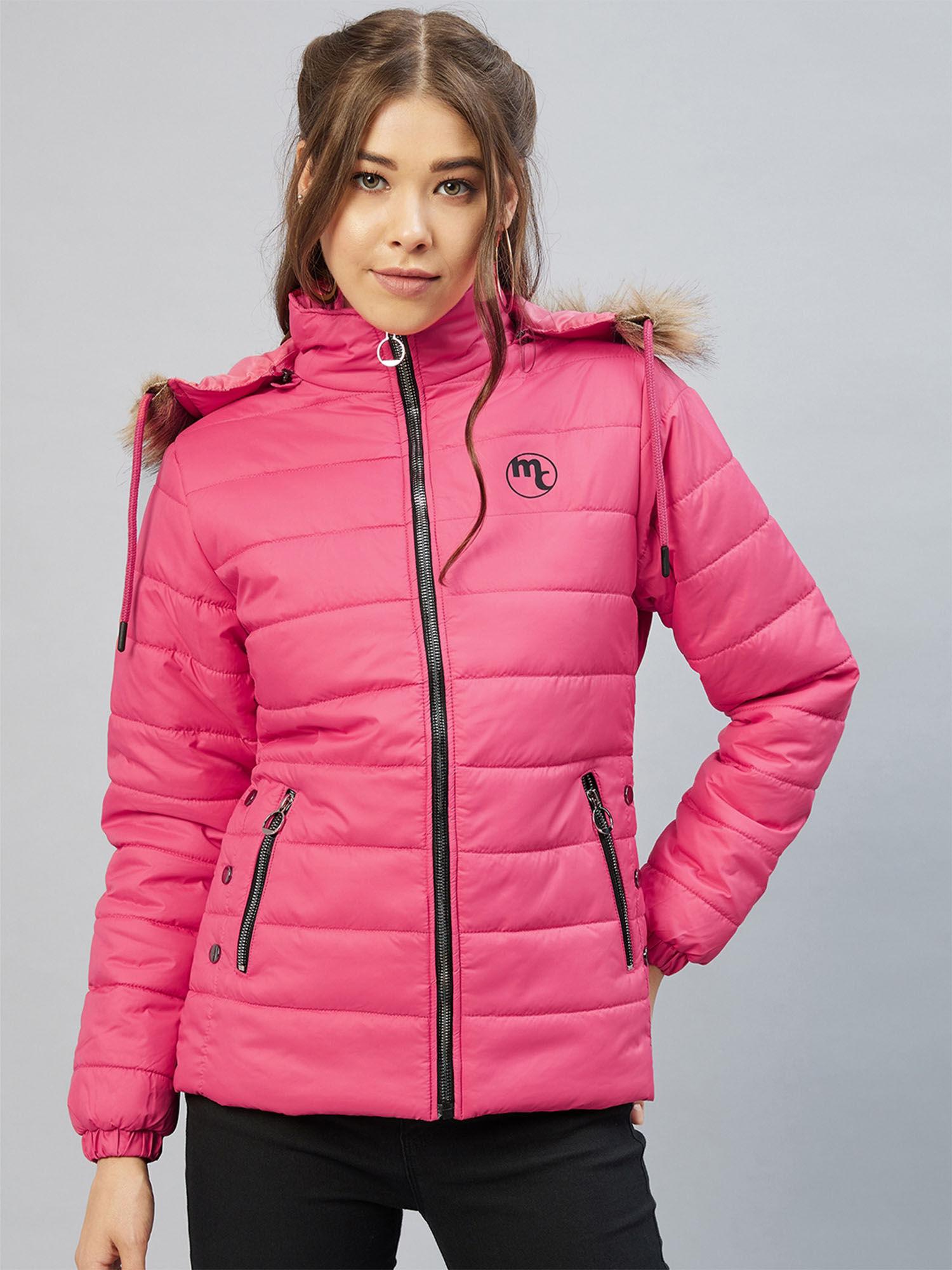 women casual pink hooded solid padded jacket