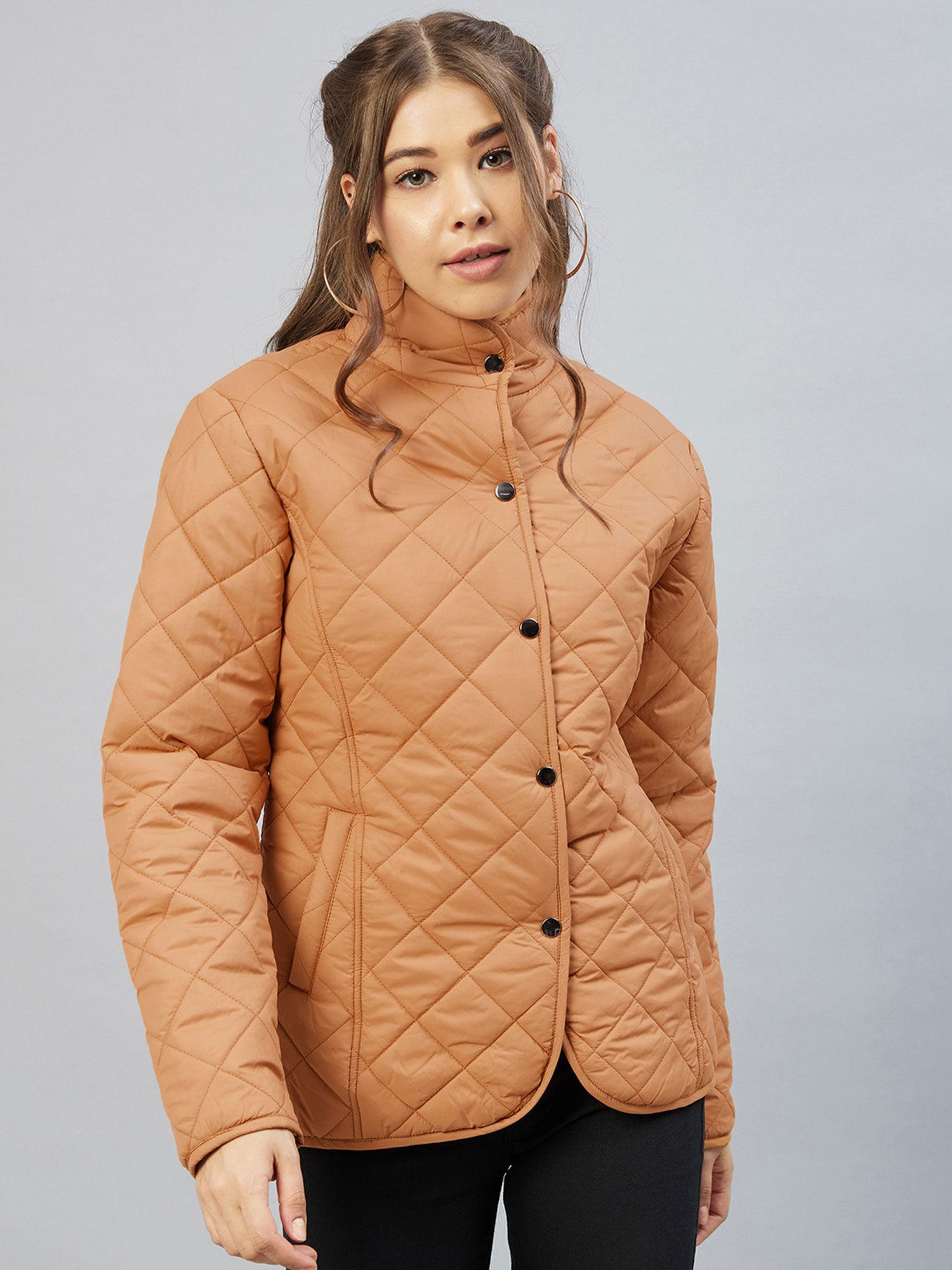 women casual tan stand collar solid padded jacket