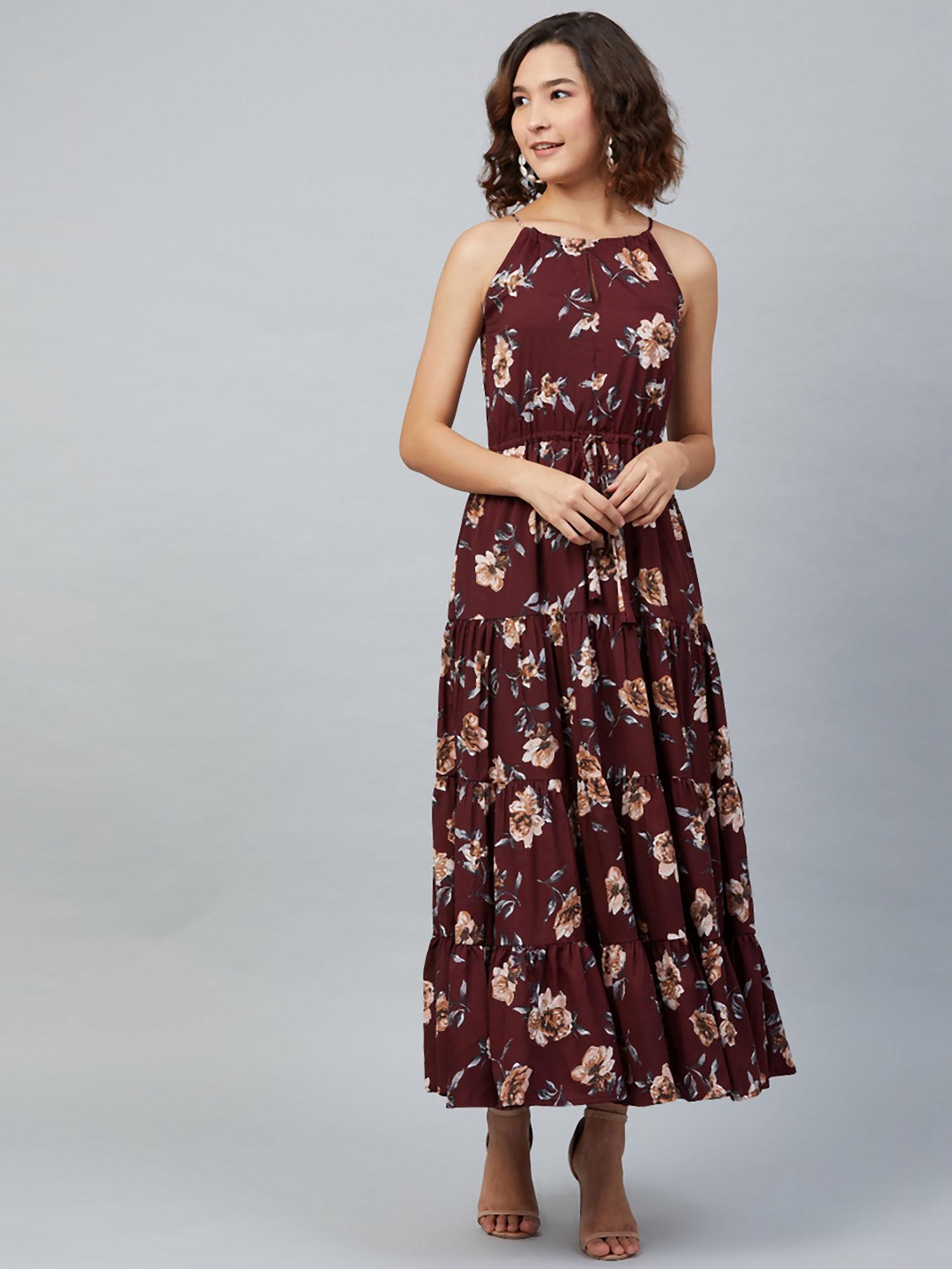 women casual wine colour maxi floral dress