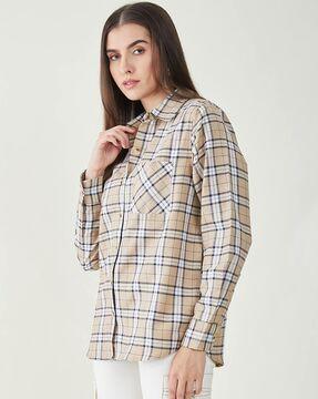 women checked relaxed fit shirt with patch pocket