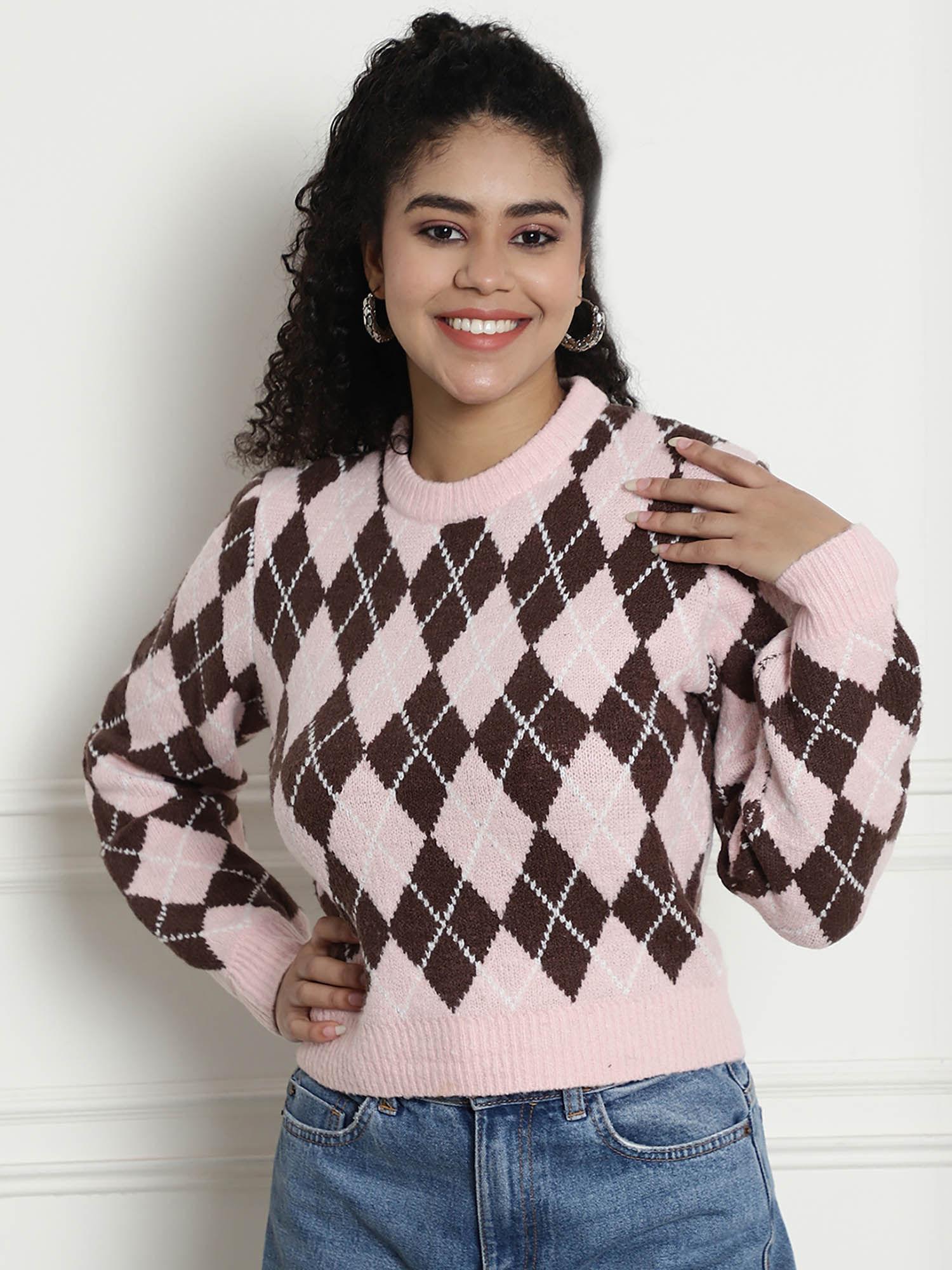 women checkered round neck sweater