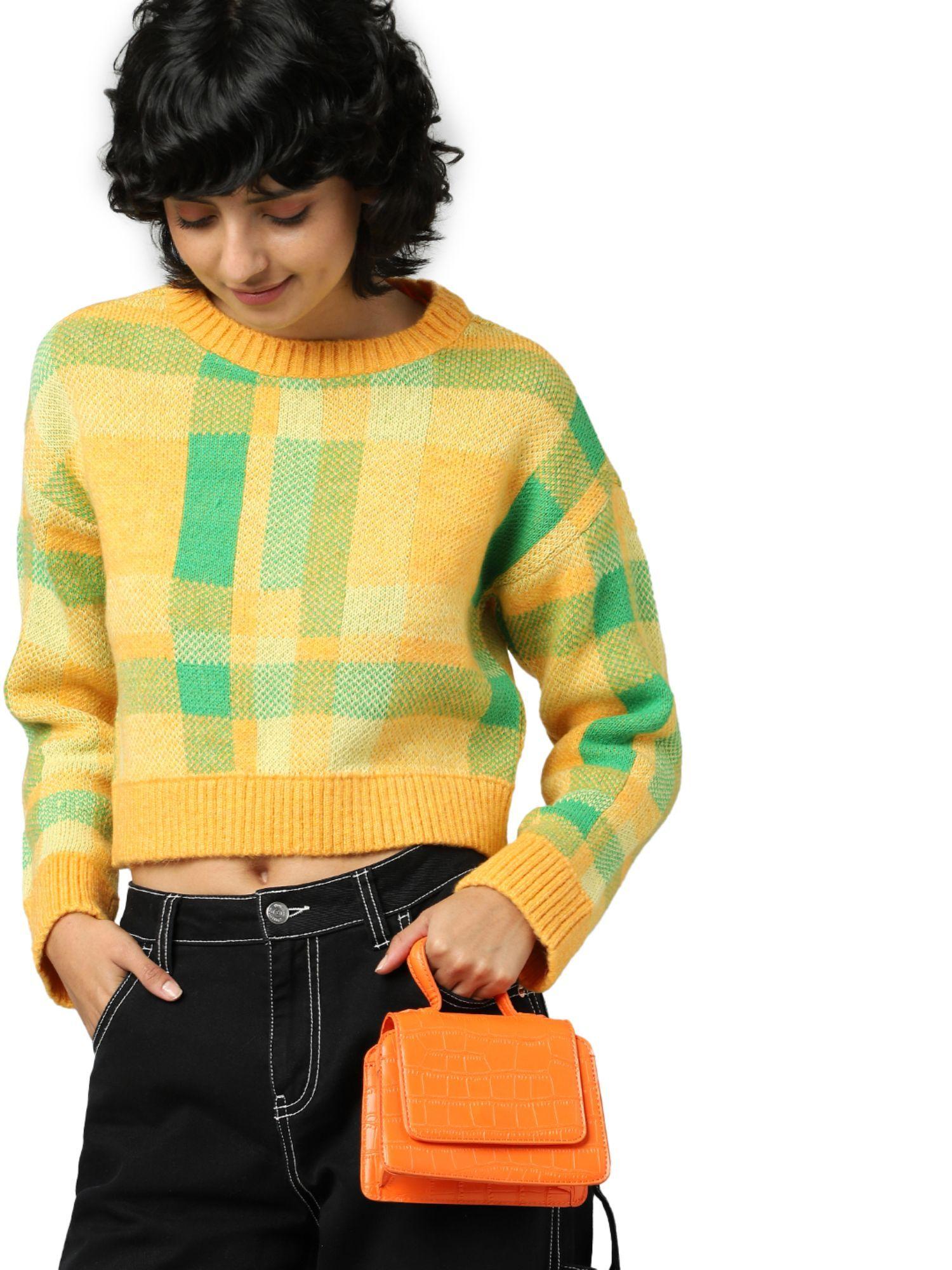 women checkered yellow sweater