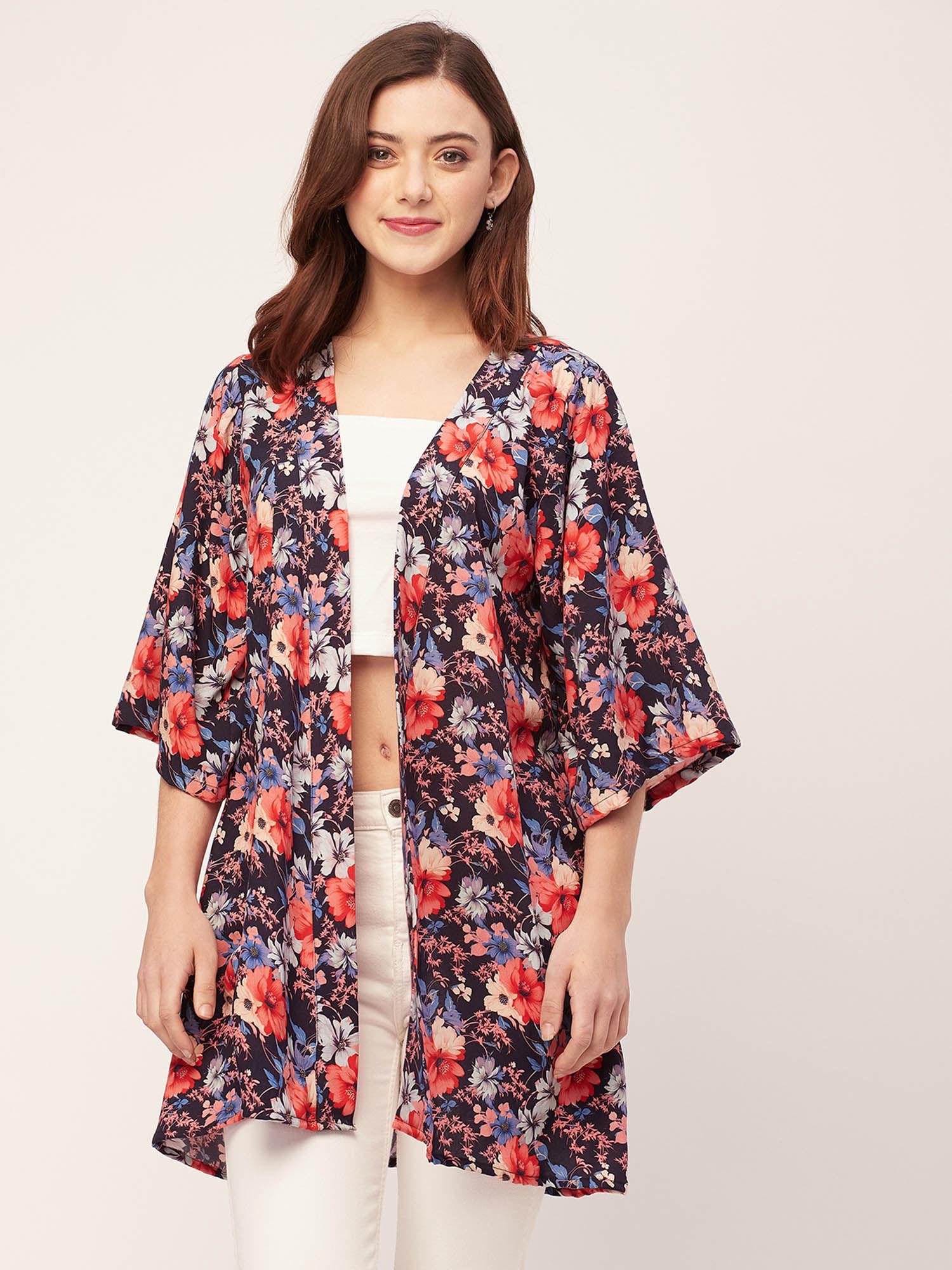 women comfortable fit rayon floral navy blue shrug