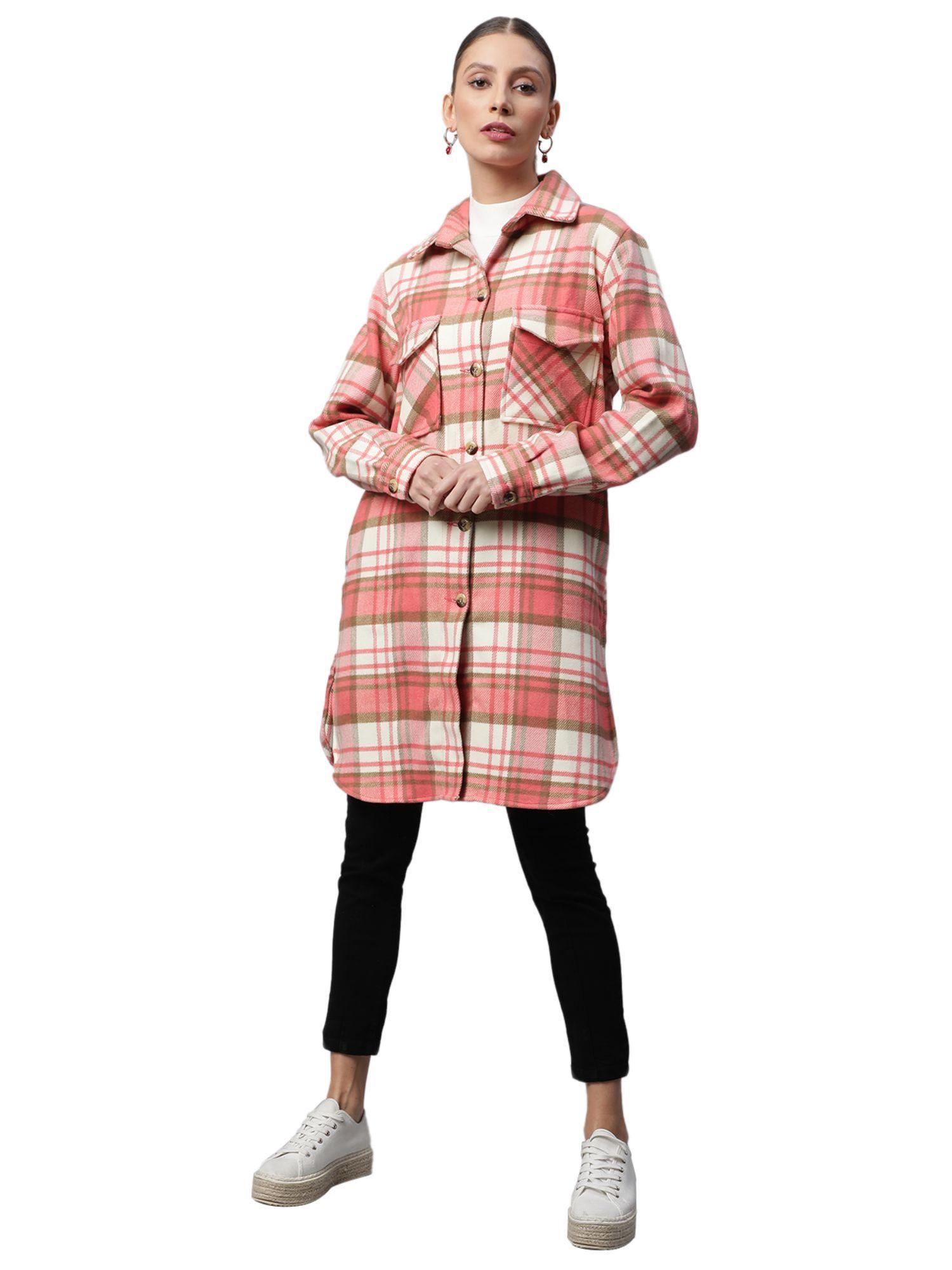 women coral checkered flannel knee length jacket