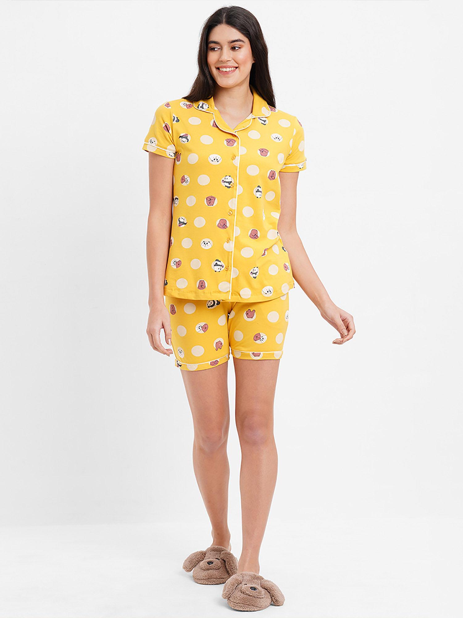 women cotton polka dots shirt & bermuda - yellow (set of 2)