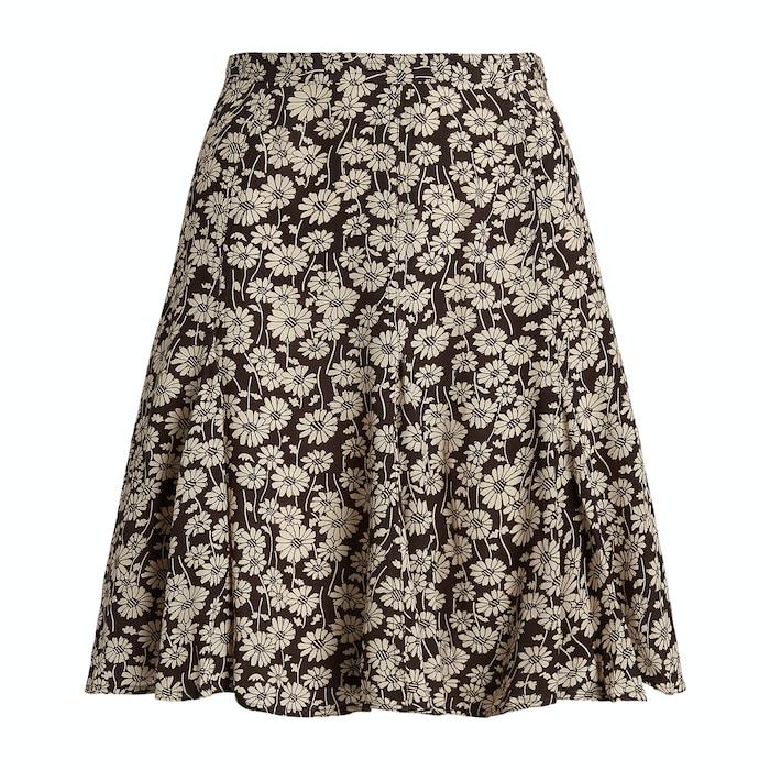 women dark brown floral crepe godet mini skirt