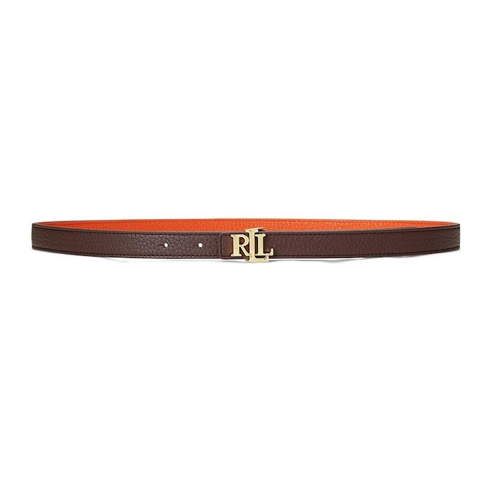 women dark brown logo reversible leather skinny belt