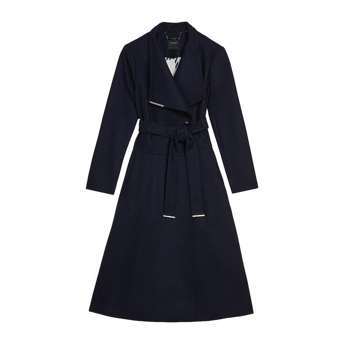 women dark-blue midi wool wrap coat with full skirt