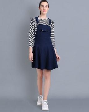 women dungaree with striped top set