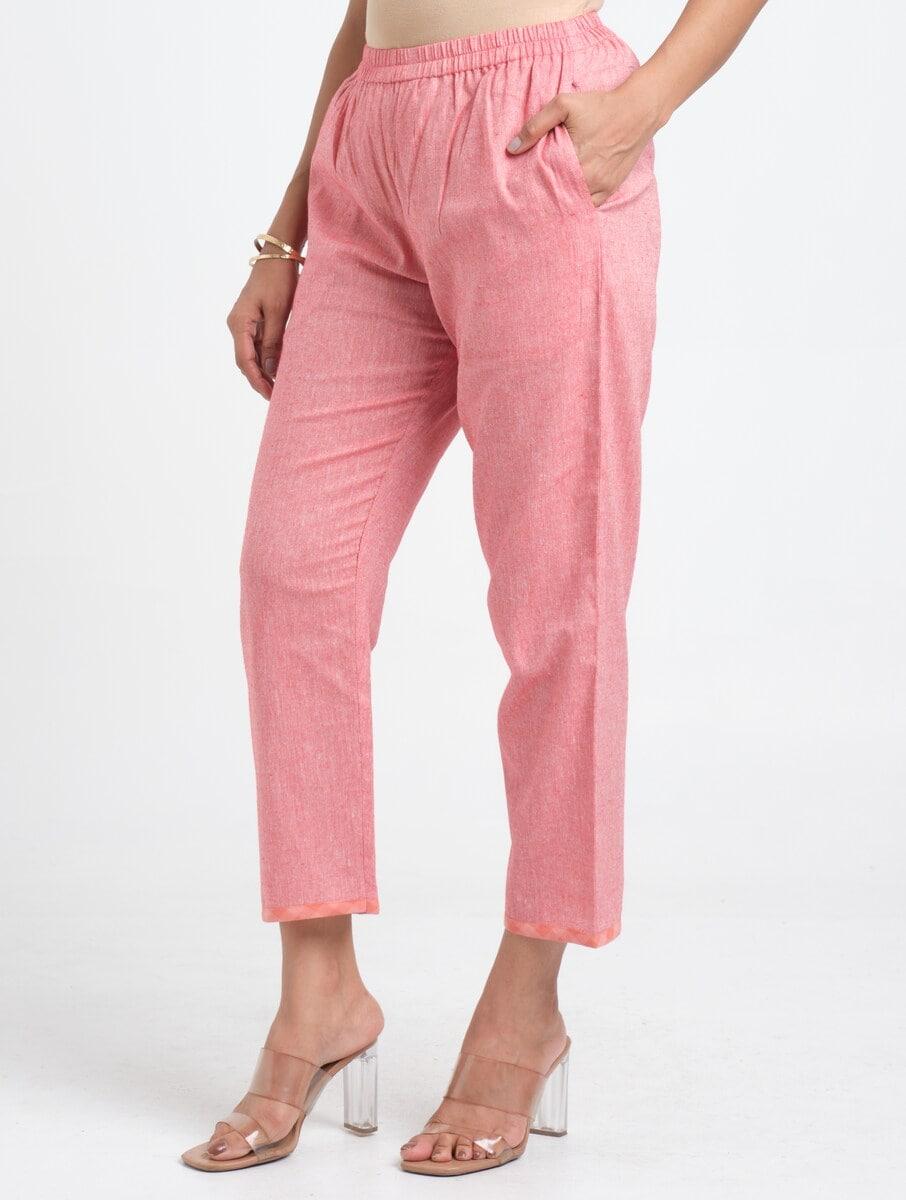women dusty pink cotton blend solid regular straight fit pants