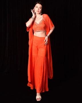 women embroidered crop top with sharara & dupatta