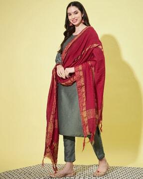 women embroidered straight kurta set with dupatta