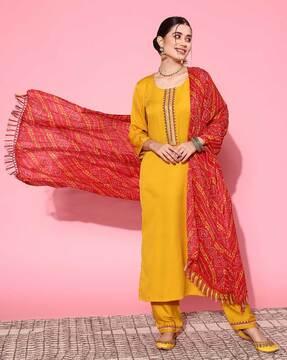 women embroidered straight kurta set with dupatta