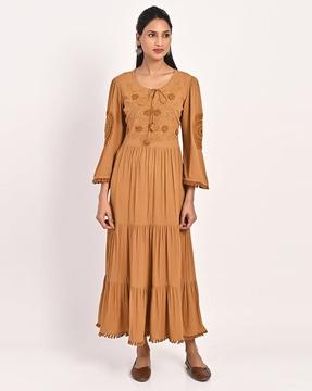 women embroidered tiered dress with tassels