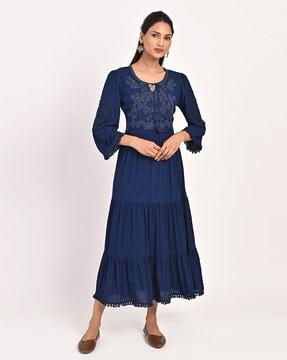 women embroidered tiered dress with tassels