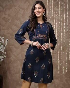 women floral embroidered a-line kurti