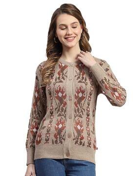 women floral pattern cardigan with ribbed hem