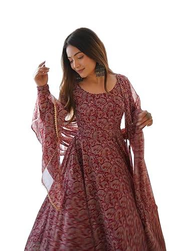 women floral print anarkali kurta with pant and duptta (small, maroon)