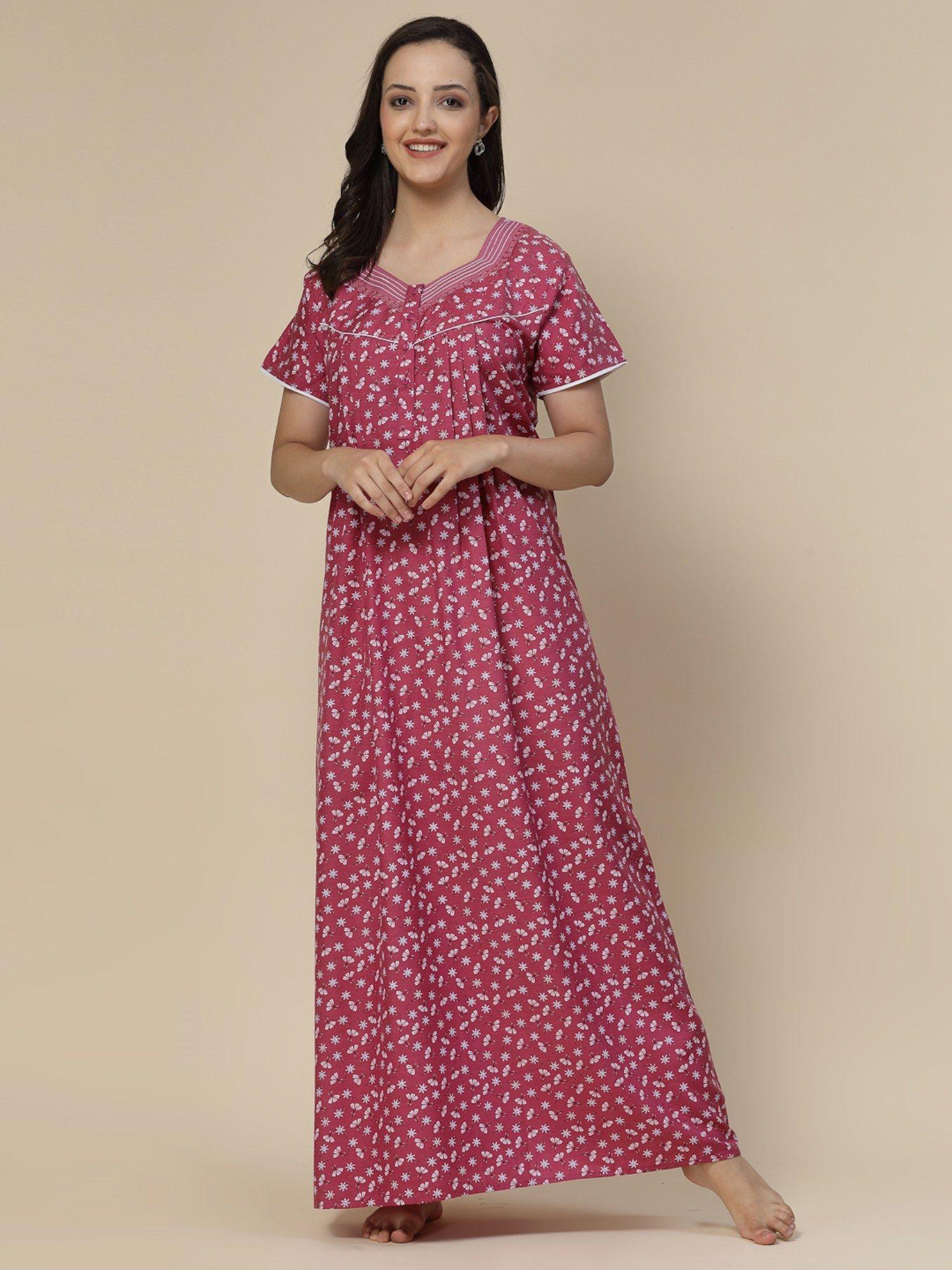 women floral print half sleeves pure cotton maxi nightdress - pink