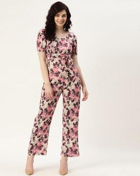 women floral print playsuit with waist tie-up
