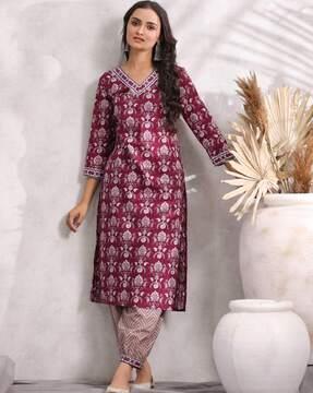 women floral print straight kurta with salwar