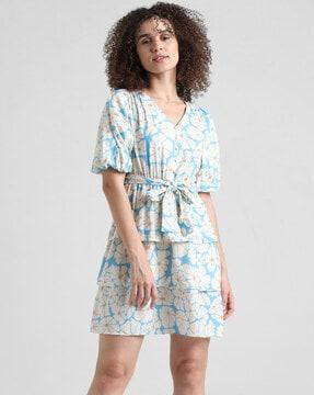 women floral print tiered dress with belt