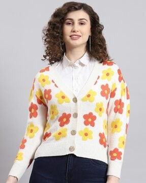 women floral print v-neck cardigan