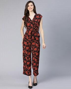 women floral print v-neck jumpsuit