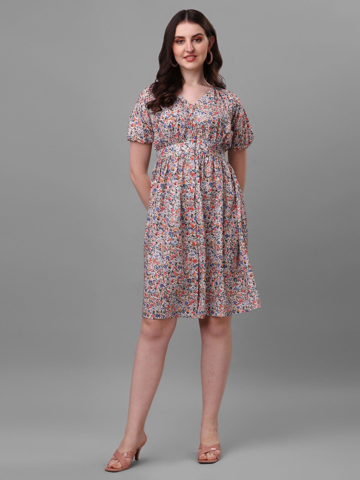 women floral printed crepe fit and flare dress