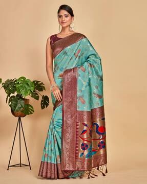 women floral woven linen saree
