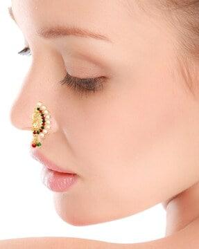 women gold-plated pearl & stone-studded nosepin